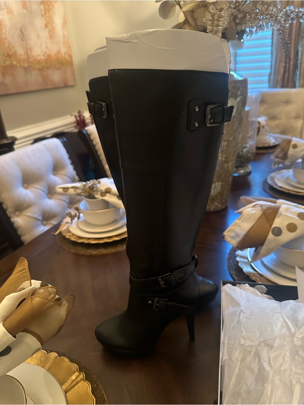 Brand New Guess Size 8 Black Tall Buckle Detail Stiletto 4 inch Boots